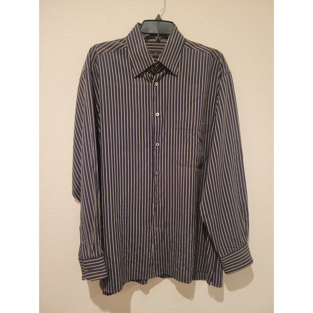 Bugatchi Long Sleeve Button Down Men's Shirt Modal Blend Black/Gold Stripe Large